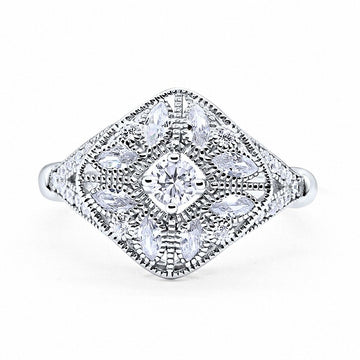 Art Deco Ring Marquise Filigree Round Simulated CZ 925 Sterling Silver